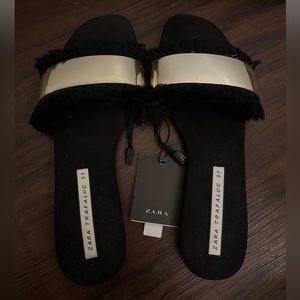 ZARA TRAFALUC Collection | Flat Sandals Slide With Fringe Size Euro: 37 US: 6.5